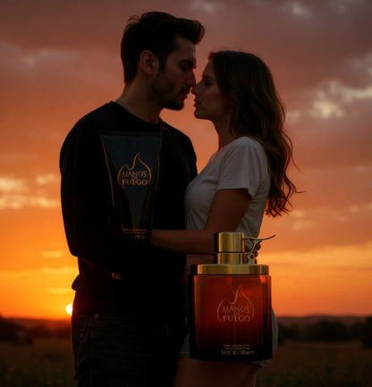 Paradime Enterprise LLC Caliente by Manos De Fuego 2 piece fragrance gift set held by a couple at sunset.