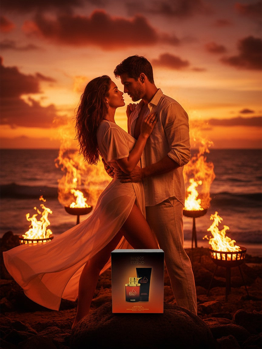 Paradime Enterprise LLC Caliente by Manos De Fuego 2 piece gift set featuring a romantic beach sunset and fire pits.