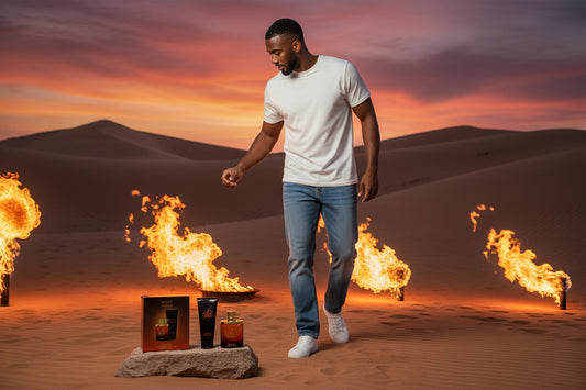 Paradime Enterprise LLC Caliente 2 piece gift set with fragrance bottle and tube on a rock in a desert with fire