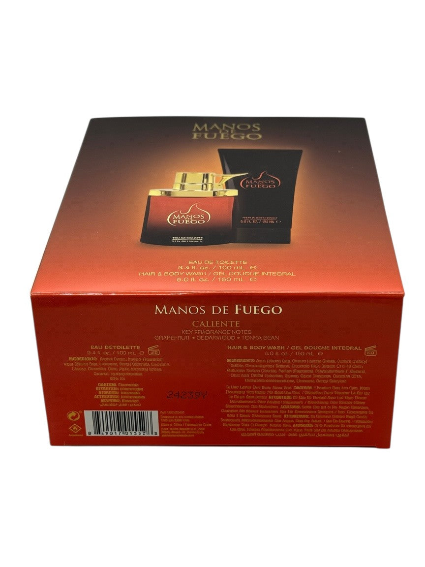 Paradime Enterprise LLC Caliente by Manos De Fuego 2 piece gift set featuring a fragrance bottle and body wash box.
