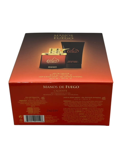 Paradime Enterprise LLC Caliente by Manos De Fuego 2 piece gift set featuring a fragrance bottle and body wash box.
