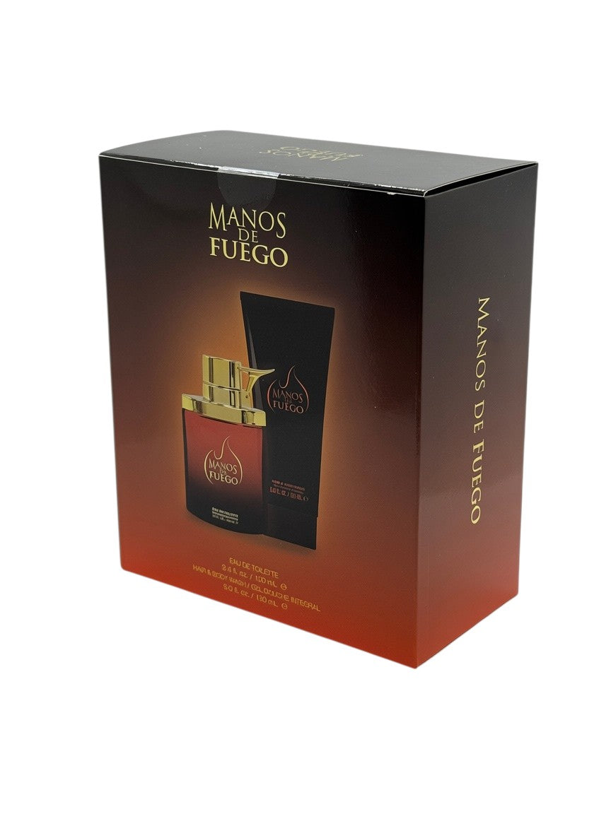 Paradime Enterprise LLC Caliente by Manos De Fuego 2 piece gift set featuring a fragrance bottle and body wash.