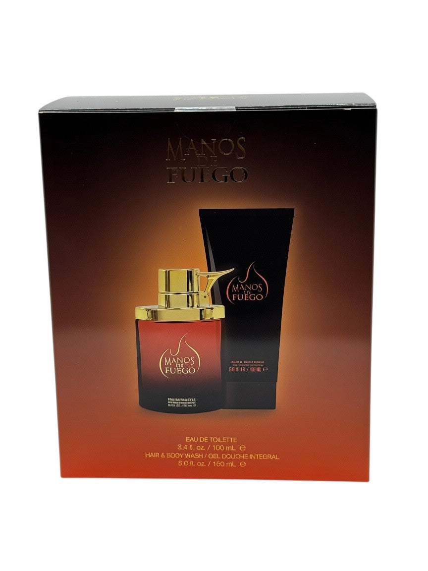 Paradime Enterprise LLC Caliente by Manos De Fuego 2 piece gift set featuring a fragrance bottle and body wash tube.