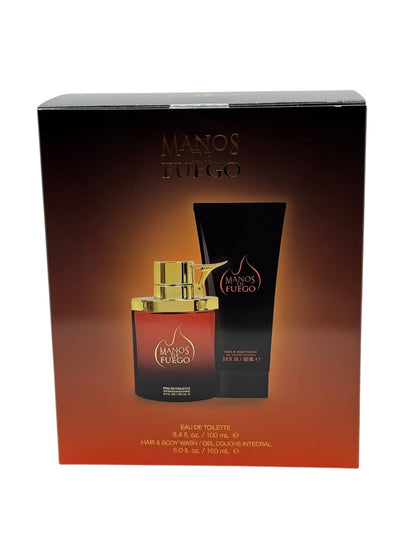 Paradime Enterprise LLC Caliente by Manos De Fuego 2 piece gift set featuring a fragrance bottle and body wash tube.