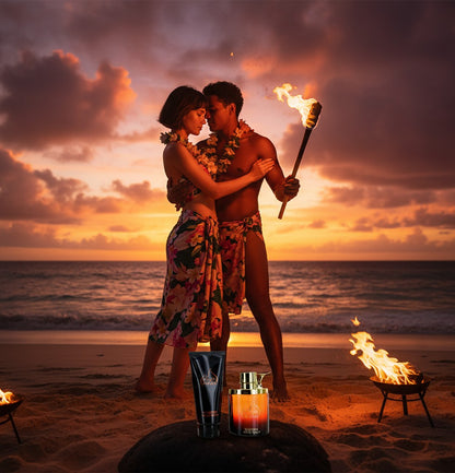 Paradime Enterprise LLC Caliente 2 piece gift set with fragrance bottle and tube on a beach at sunset with a couple.