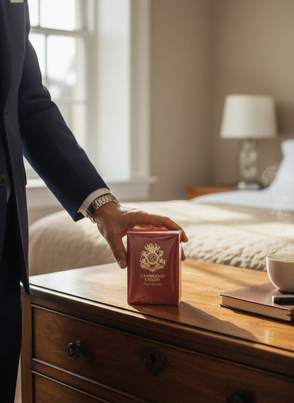 Paradime Enterprise LLC English Laundry Cambridge Knight cologne bottle held by a man in a suit in a bedroom.