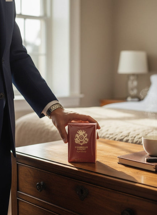 Paradime Enterprise LLC English Laundry Cambridge Knight cologne bottle held by a man in a suit in a bedroom.