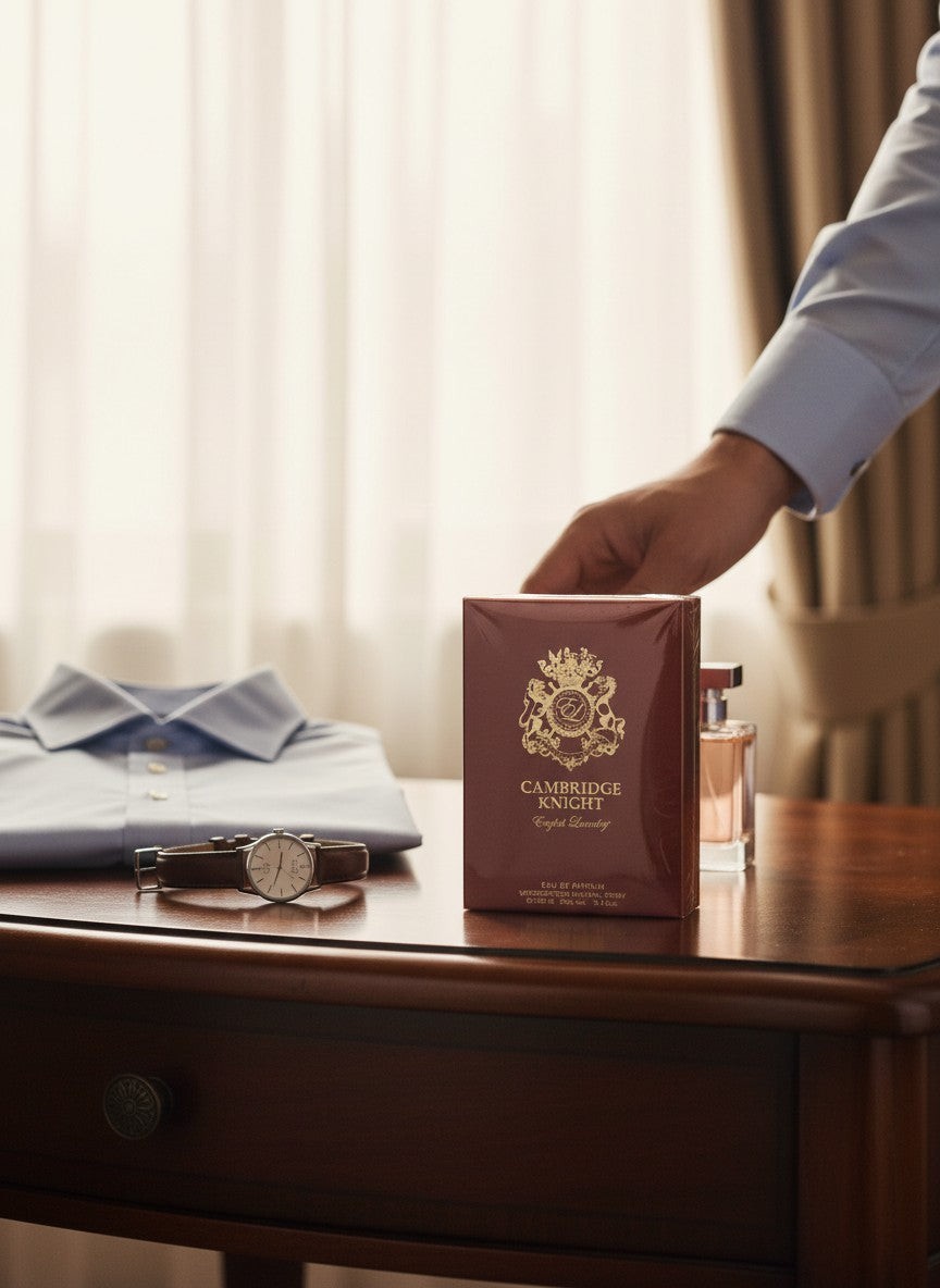 Paradime Enterprise LLC English Laundry Cambridge Knight perfume box on a wooden table with a dress shirt and watch.