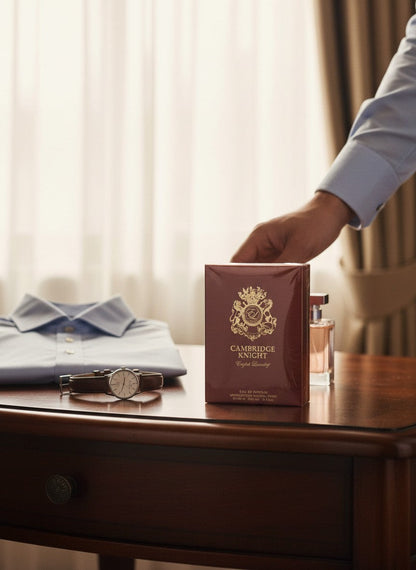 Paradime Enterprise LLC English Laundry Cambridge Knight perfume box on a wooden table with a dress shirt and watch.