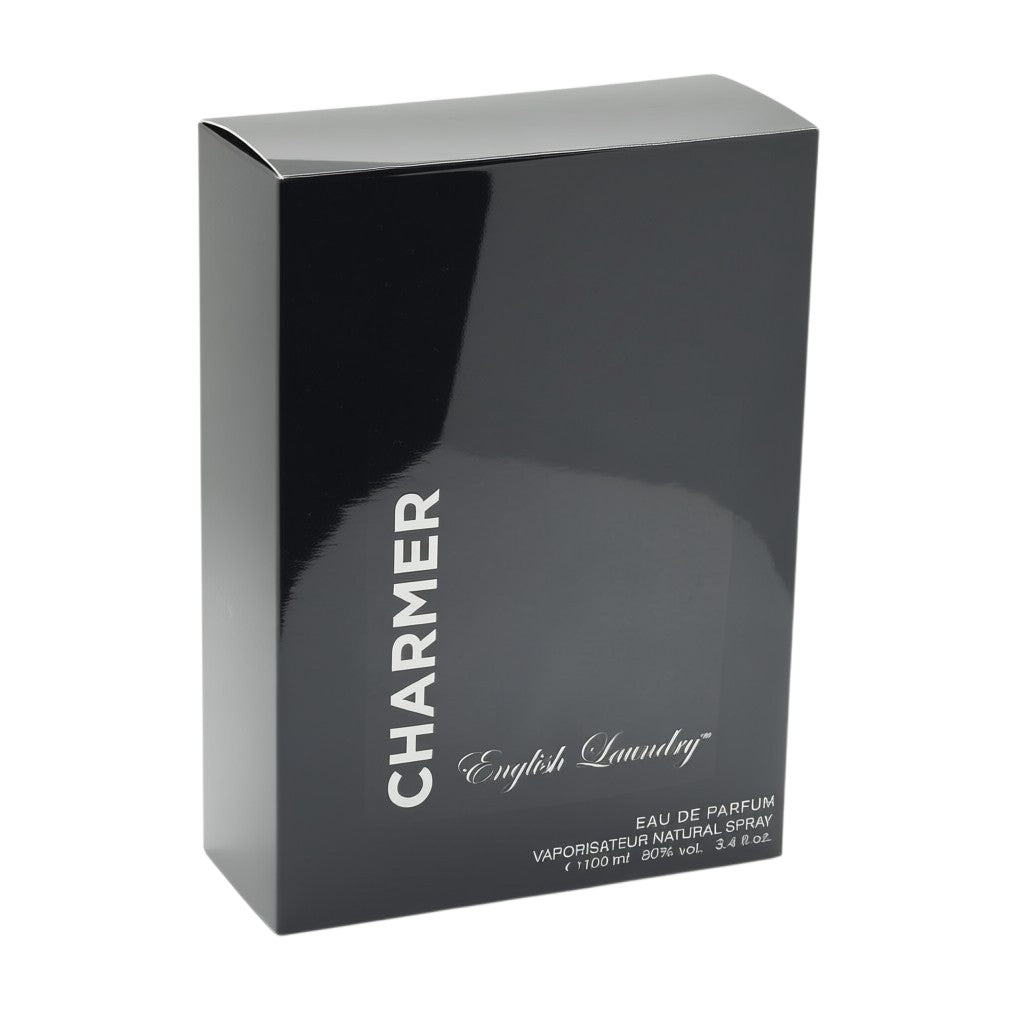 Paradime Enterprise LLC English Laundry Charmer 3.4 oz Eau de Parfum spray box in sleek black packaging