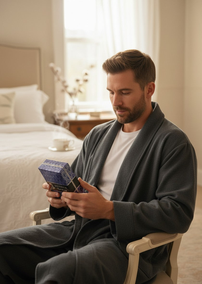 Man in a grey robe holding a box of Paradime Enterprise LLC English Laundry Devour Eau de Parfum in a bedroom.