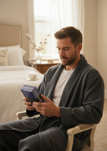 Man in a grey robe holding a box of Paradime Enterprise LLC English Laundry Devour Eau de Parfum in a bedroom.