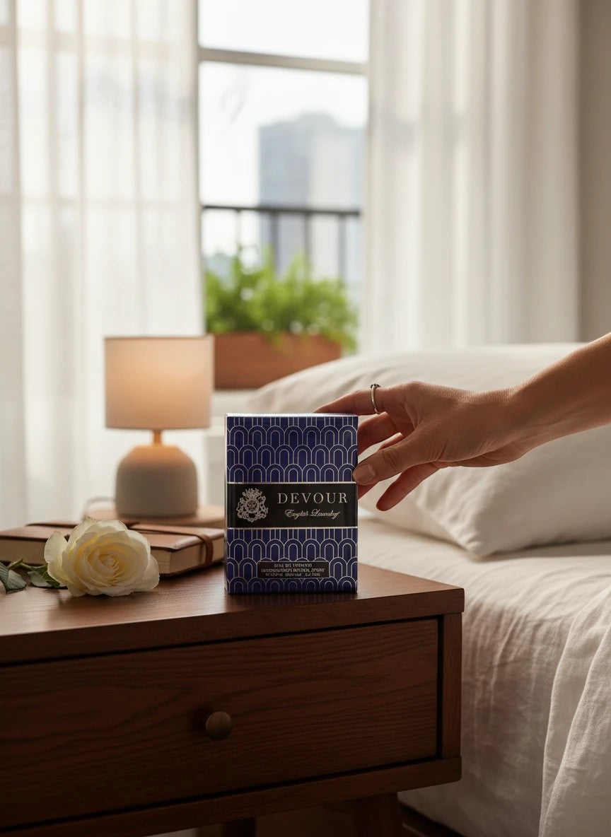 Paradime Enterprise LLC English Laundry Devour Eau de Parfum box on a wooden nightstand with a white rose and lamp.