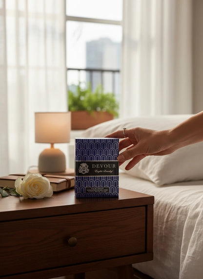 Paradime Enterprise LLC English Laundry Devour Eau de Parfum box on a wooden nightstand with a white rose and lamp.