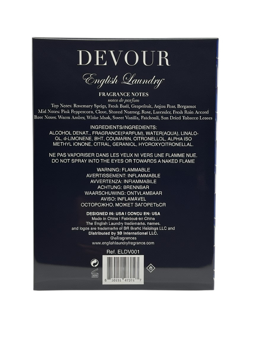 Paradime Enterprise LLC English Laundry Devour Eau de Parfum box back label with fragrance notes and ingredients