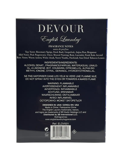 Paradime Enterprise LLC English Laundry Devour Eau de Parfum box back label with fragrance notes and ingredients