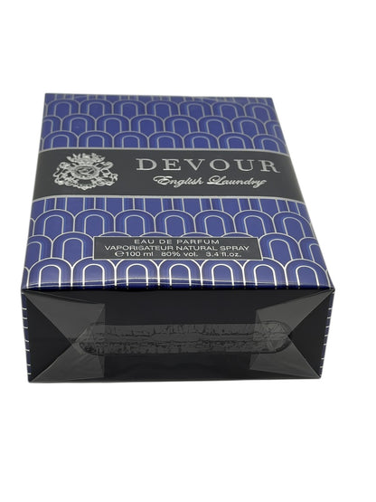 Paradime Enterprise LLC English Laundry Devour Eau de Parfum 3.4 oz box with blue and silver geometric pattern