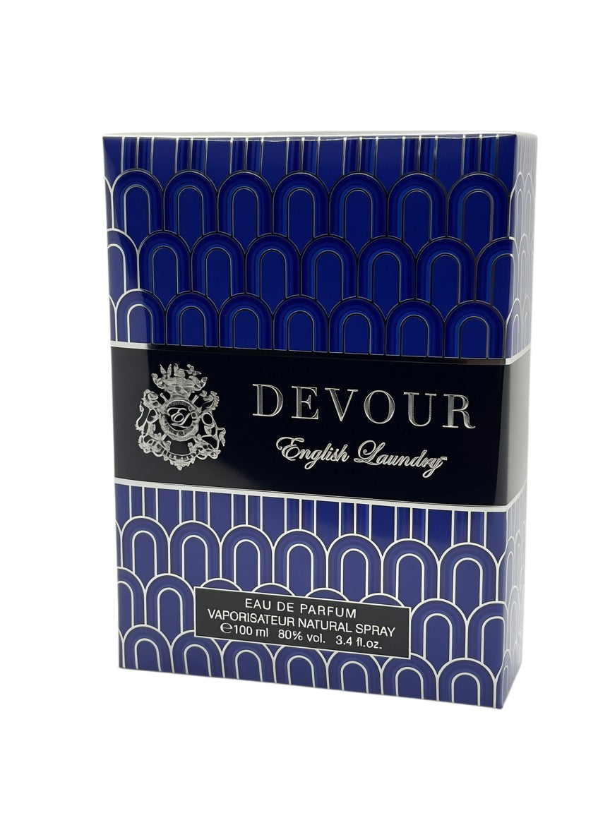 Paradime Enterprise LLC English Laundry Devour Eau de Parfum box with blue and silver geometric art deco pattern.