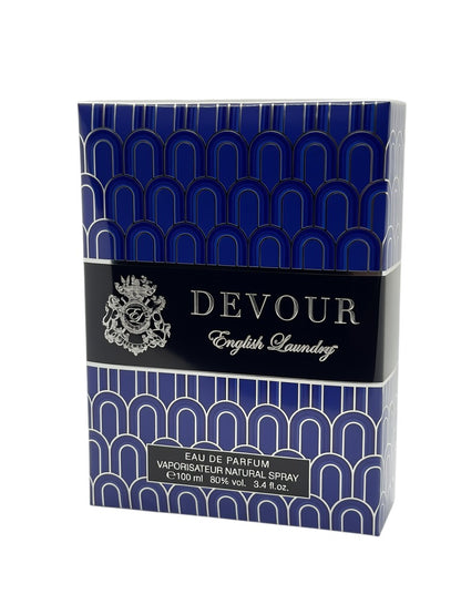 Paradime Enterprise LLC English Laundry Devour Eau de Parfum box with blue and silver geometric art deco pattern.
