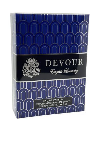 Paradime Enterprise LLC English Laundry Devour Eau de Parfum 3.4 oz box with blue and silver geometric pattern