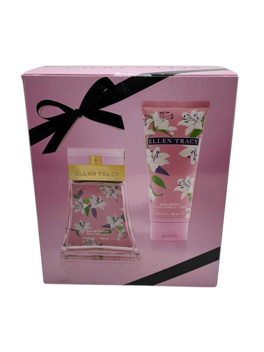 Paradime Enterprise LLC Ellen Tracy Pink Sparkling gift set featuring a floral perfume bottle and matching body lotion.