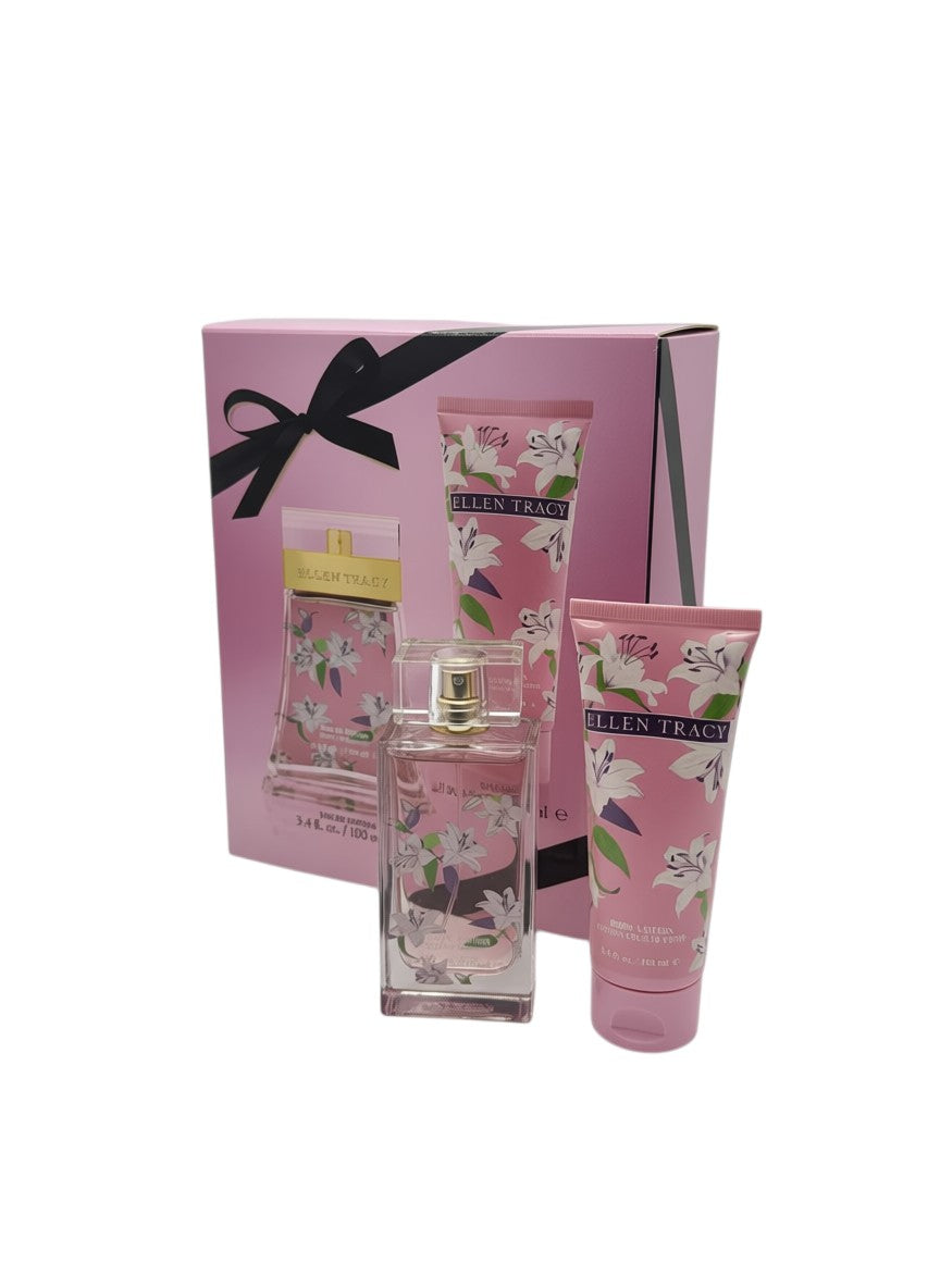 Paradime Enterprise LLC Ellen Tracy Pink Sparkling gift set with floral perfume bottle and body lotion in pink box