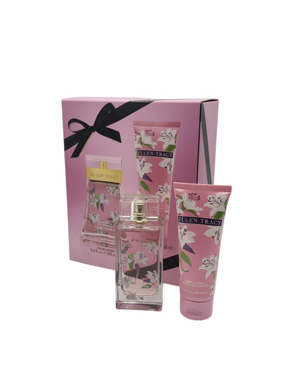 Paradime Enterprise LLC Ellen Tracy Pink Sparkling gift set with floral perfume bottle and body lotion in pink box