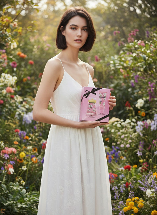 Paradime Enterprise LLC Ellen Tracy Pink Sparkling fragrance gift set with perfume and lotion in a floral garden.