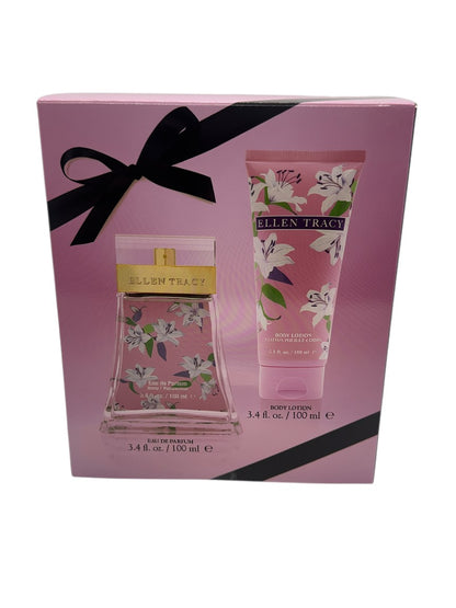 Paradime Enterprise LLC Ellen Tracy Pink Sparkling gift set featuring a 3.4 oz perfume bottle and matching body lotion.
