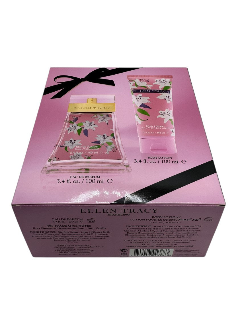 Paradime Enterprise LLC Ellen Tracy Pink Sparkling gift set featuring a 3.4 oz perfume bottle and body lotion.