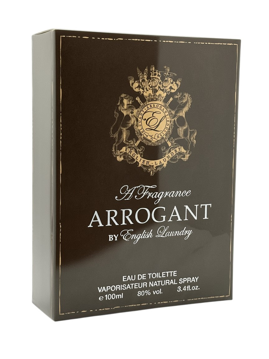 Paradime Enterprise LLC English Laundry Arrogant woody aromatic eau de toilette spray box in dark brown and gold.