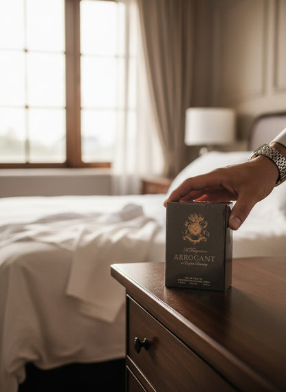 Paradime Enterprise LLC English Laundry Arrogant Eau De Toilette box held on a wooden nightstand in a bedroom