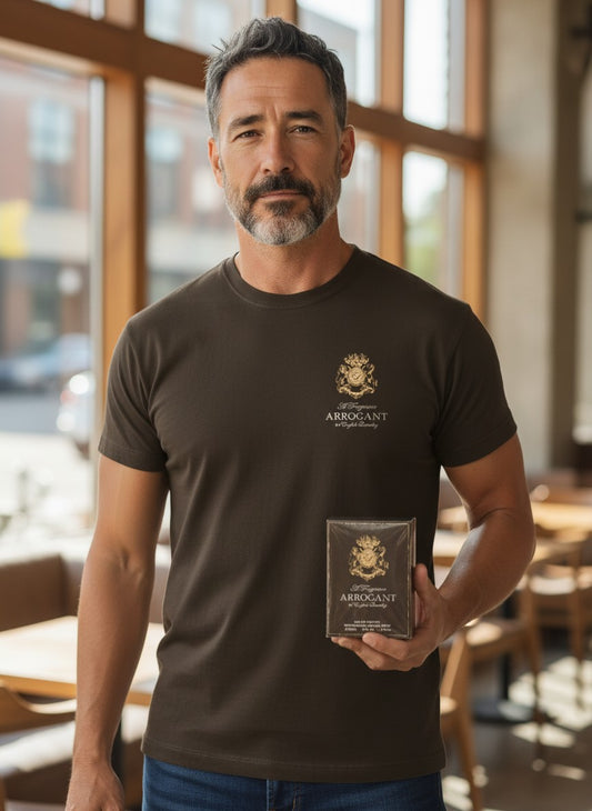 Paradime Enterprise LLC model holding a box of English Laundry Arrogant woody aromatic eau de toilette for men
