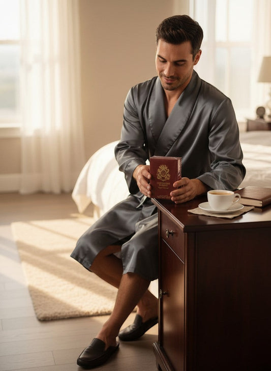 Paradime Enterprise LLC English Laundry Cambridge Knight cologne bottle held by a man in a grey silk robe in a bedroom