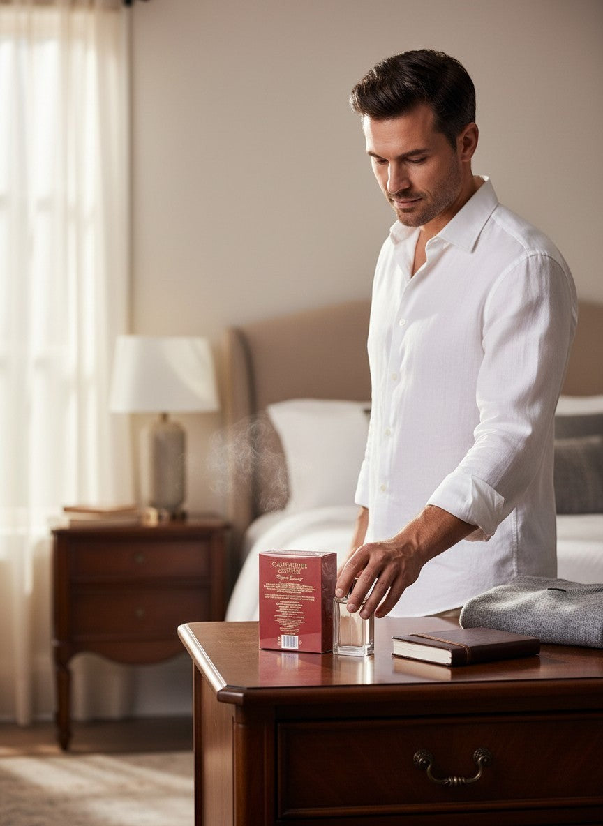 Man in white shirt applying Paradime Enterprise LLC English Laundry Cambridge Knight cologne in a bedroom setting