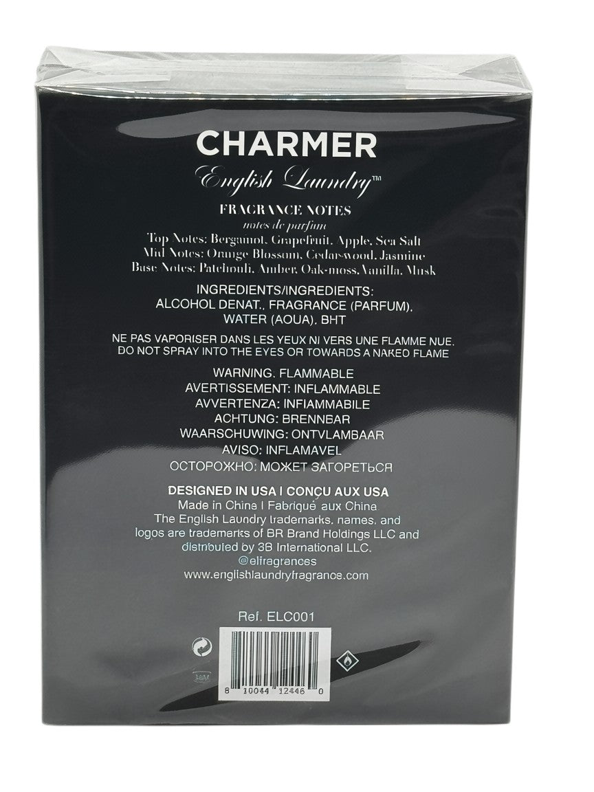 Paradime Enterprise LLC English Laundry Charmer 3.4 oz EDP fragrance box back view with ingredients and notes list