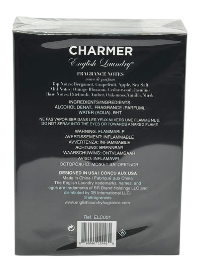 Paradime Enterprise LLC English Laundry Charmer 3.4 oz EDP fragrance box back view with ingredients and notes list