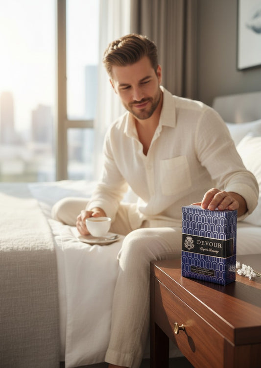 Paradime Enterprise LLC English Laundry Devour cologne box on a nightstand next to a man in a white linen shirt.