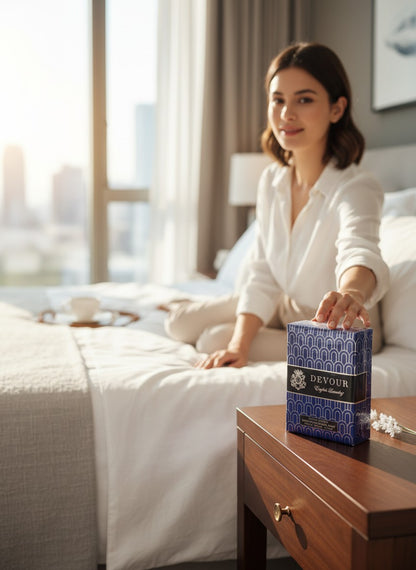 Paradime Enterprise LLC English Laundry Devour Eau de Parfum box on a bedside table with a woman in the background