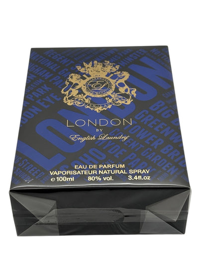Paradime Enterprise LLC English Laundry London eau de parfum spray box with blue and black typography design.