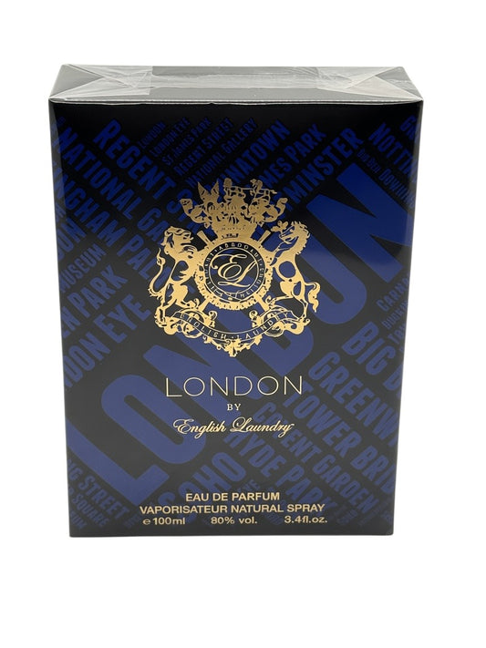 Paradime Enterprise LLC English Laundry London eau de parfum spray box with gold crest and blue typography design