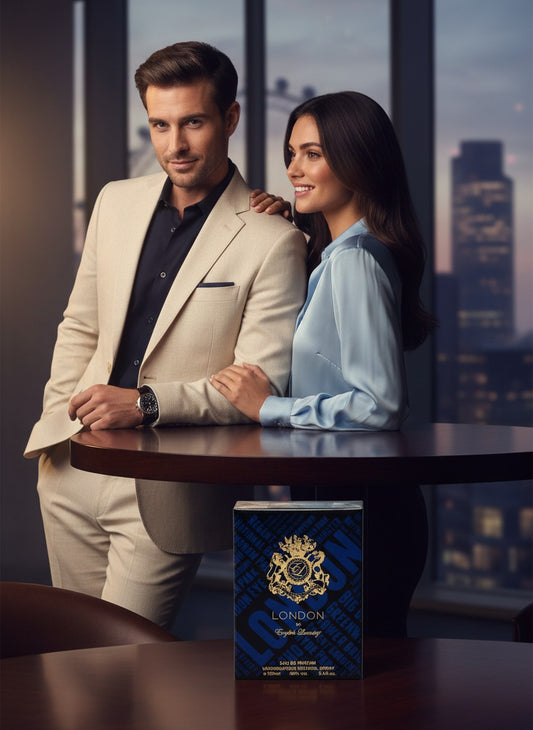 Paradime Enterprise LLC English Laundry London cologne box on a table with a stylish couple in a city office setting.