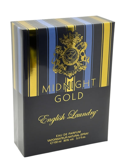 Paradime Enterprise LLC English Laundry Midnight Gold Eau de Parfum 3.4 oz box with gold crest and striped design
