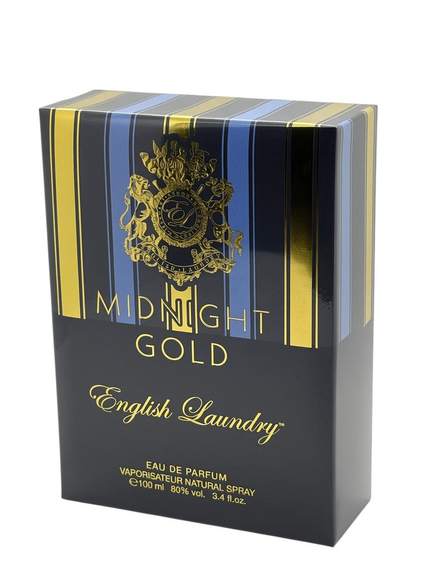 Paradime Enterprise LLC English Laundry Midnight Gold Eau de Parfum box with blue, gold, and black striped design.
