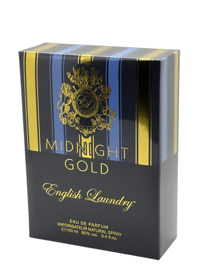 Paradime Enterprise LLC English Laundry Midnight Gold Eau de Parfum box with blue, gold, and black striped design.