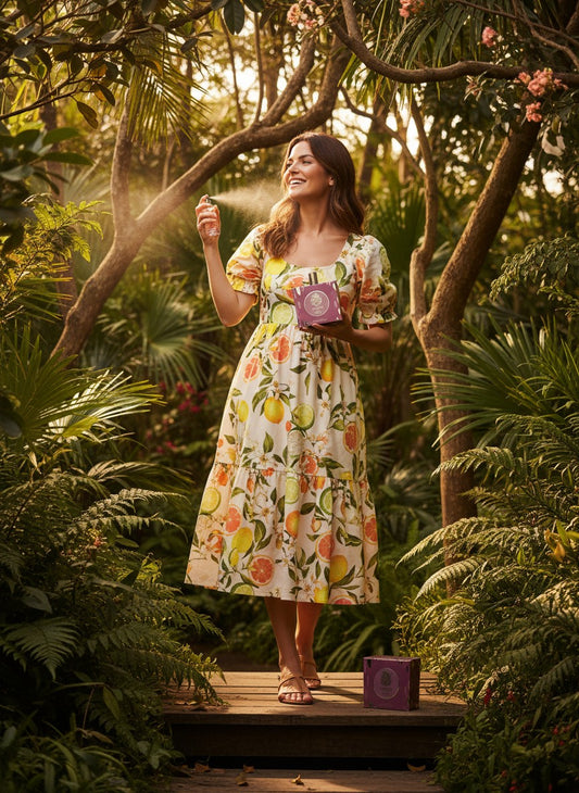 Paradime Enterprise LLC English Laundry Notting Hill Femme perfume sprayed by a woman in a citrus print dress