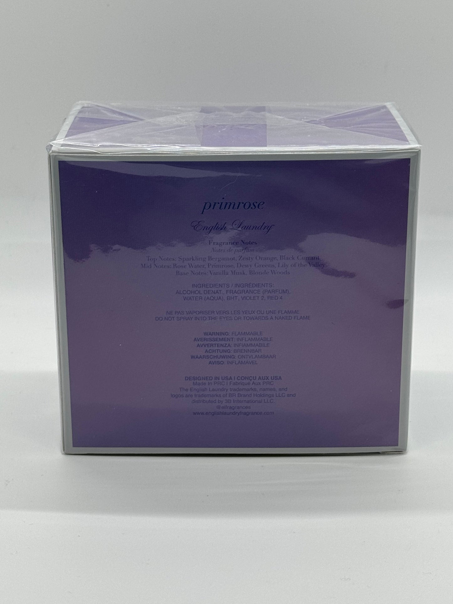 Paradime Enterprise LLC English Laundry Primrose perfume box back view with fragrance notes and ingredients list