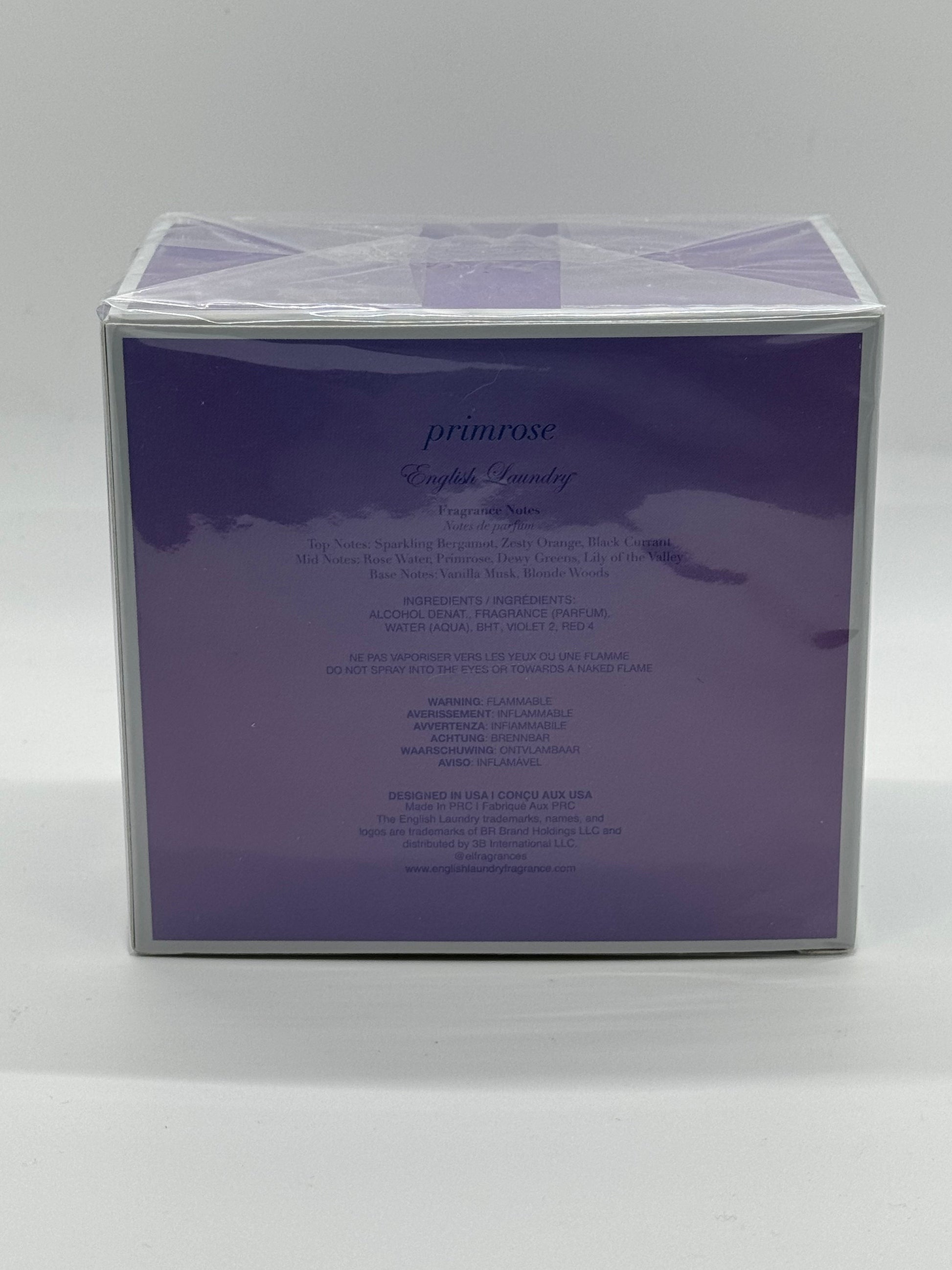 Paradime Enterprise LLC English Laundry Primrose perfume box back view with fragrance notes and ingredients list