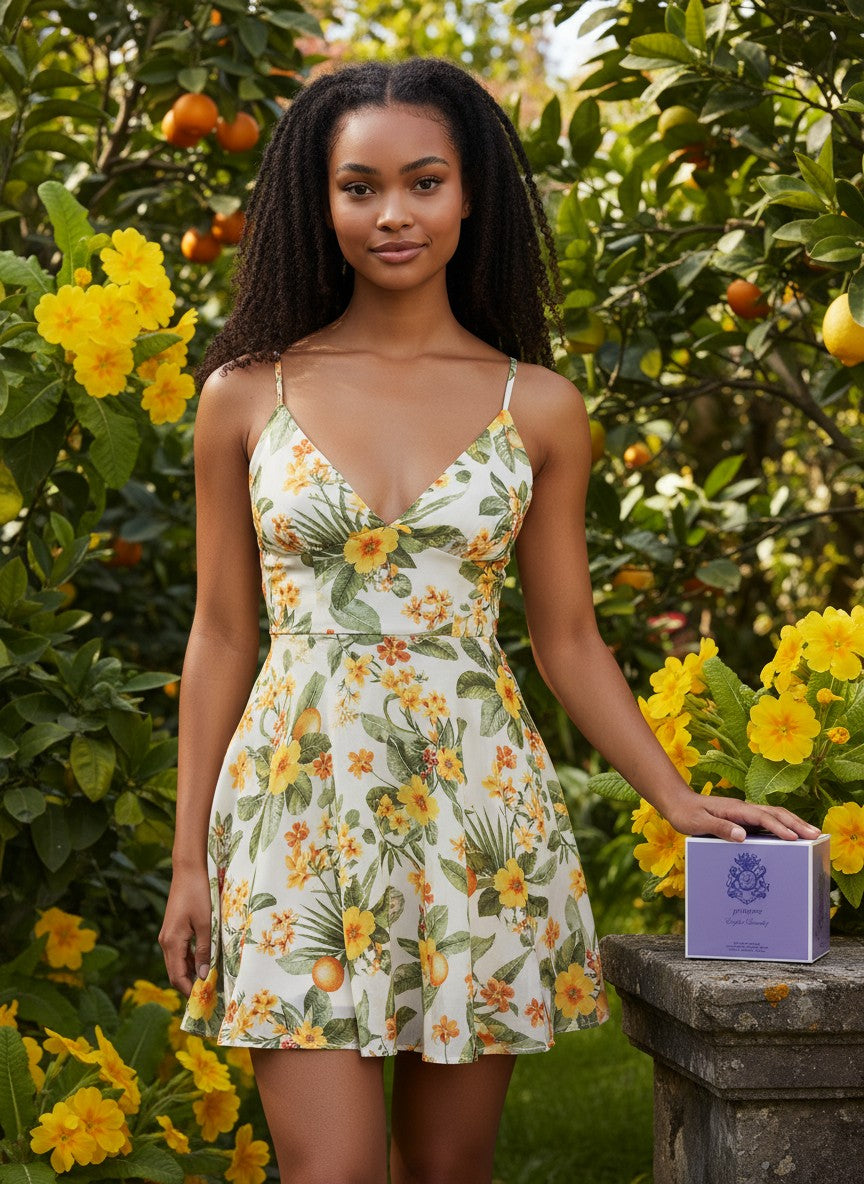 Paradime Enterprise LLC English Laundry Primrose perfume box next to a woman in a floral dress in a sunny garden