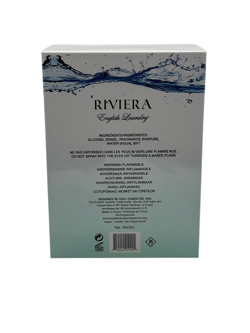 Back of the Paradime Enterprise LLC English Laundry Riviera Eau de Toilette box showing ingredients and warnings.